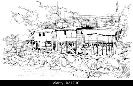 Landschaft der alten Häuser inmitten der Natur in der Landschaft mit Hand gezeichnete Skizze Stil, Abbildung Stockfoto