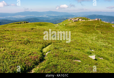 Weg durch Wiese Wiese, riesige Felsbrocken. schönen bergigen Landschaft im Sommer morgen Stockfoto