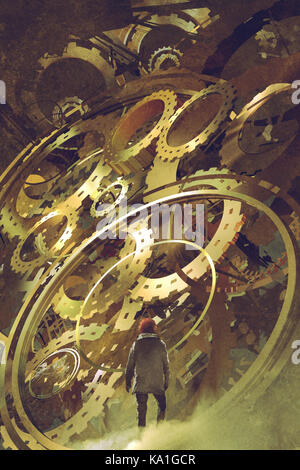 Mann, der vor der Großen goldenen Uhrwerk, digital art Stil, Illustration Malerei Stockfoto