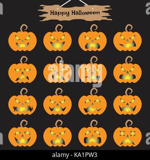 Vektor einfach zu bedienende 16 flache Emoticons von Jack o'Lantern als leuchtende Kerze im Inneren Kürbis Köpfe auf schwarzen Hintergrund mit happy halloween Plank Stock Vektor