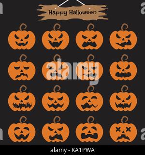 Vektor einfach zu bedienende 16 flache Emoticons von Kürbis als unterschiedliche Gesichtsausdrücke auf schwarzen Hintergrund mit Happy Halloween plank oben gehangen Stock Vektor