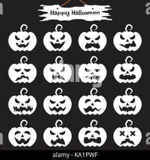 Vektor einfach zu bedienende 16 flache Emoticons von weißen Kürbis als unterschiedliche Gesichtsausdrücke auf schwarzen Hintergrund mit Happy Halloween plank oben gehangen Stock Vektor