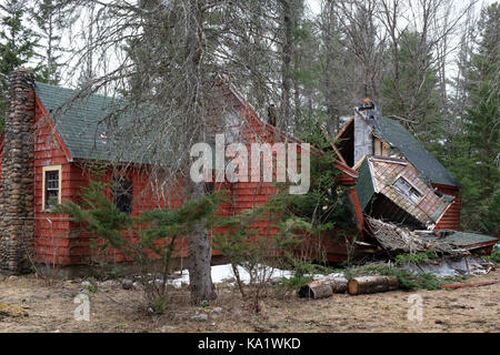 Altes Haus im Wald kollabiert in einen Trümmerhaufen. Stockfoto