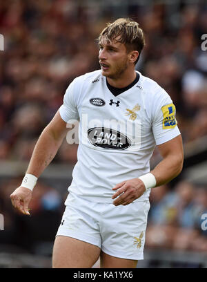 Wespen" Josh Bassett während der Aviva Premiership Match am sandigen Park, Exeter. PRESS ASSOCIATION Foto. Bild Datum: Sonntag, September 24, 2017. Siehe PA Geschichte RUGBYU Exeter. Photo Credit: Simon Galloway/PA-Kabel. Einschränkungen: Nur für den redaktionellen Gebrauch bestimmt. Keine kommerzielle Nutzung. Stockfoto