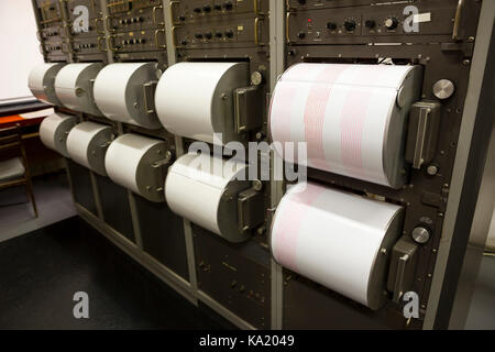 Seismograph zeichnet ein Erdbeben auf dem Blatt Papier zu messen. Seismologische Geräte zur Messung von Erdbeben. Seismograph Maschine Nadel zeichnen Stockfoto