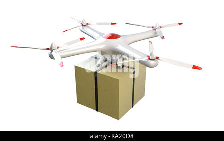 Kleine quadrocopter Drone liefert ein Paket. Auf dem weißen isoliert. 3D-Render Abbildung. Stockfoto