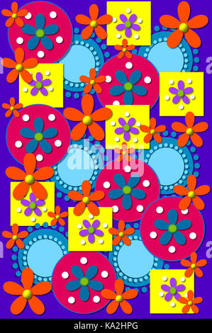 Geometrische Formen in gelb, pink und blau Abdeckung grün Hintergrund Bild. Orange Blüten mit gelben und blauen Blüten haben grüne Zentren. Stockfoto