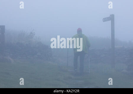 Flintshire, North Wales, UK Wetter. Nach einem Bann der sintflutartigen Regenfälle während des Abends der Morgen beginnt mit einem schweren Tau und Nebel in Flintshire NorthWales wie dieser Hügel Walker entdeckt sie an diesem Morgen in der Nähe des Dorfes Nannerch Stockfoto