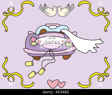 Hochzeit, Auto, Just Married, doodle Hand gezeichnet, Vector Illustration Stock Vektor