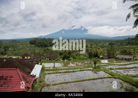Mount Agung unter einem bewölkten Himmel über überschwemmten Reisfeldern und Dorfdächern in Bali, Indonesien. Stockfoto