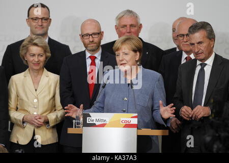 Berlin, Deutschland. September 2017. Wahlabend der CDU zur Bundestagswahl 2017 im Konrad-Adenauer-Haus in Berlin. Die Bundestagswahl 2017 ist die Wahl zum 19. Deutschen Bundestag. Quelle: Simone Kuhlmey/Pacific Press/Alamy Live News Stockfoto