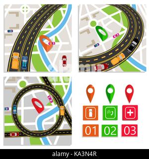 Straße: Infografik. Notdienste. Eine Reihe von abstrakten Kreuzungen auf Stadtpläne. Material Design. Abbildung Stock Vektor