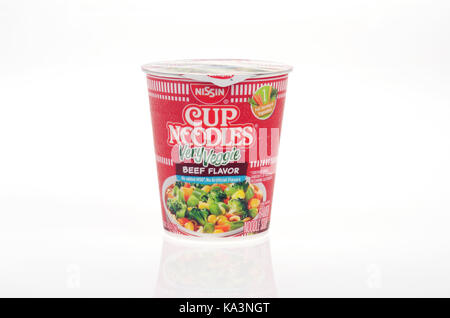 Nissin Cup Nudeln sehr Veggie Rindfleisch Geschmack auf weißem Hintergrund ausschneiden, USA Stockfoto