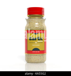 3D-Knoblauch Pulver Glasflasche auf Weiß isoliert Stockfoto