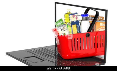 Einkaufen hand Korb voll mit Produkten auf Laptop, isoliert Stockfoto