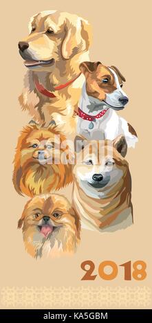 Vertikale Postkarte mit Hunden verschiedener Rassen (Golden Retriever; kleine pomeranian; Pekingese, Jack Russel Terrier, Shiba Inu) auf beigem Hintergrund. 2 Stock Vektor