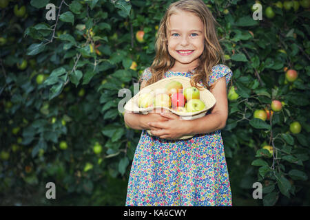 Kleines Mädchen in der Apfelgarten Stockfoto