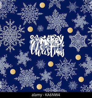 Frohe Weihnachten handgeschriebene Schrift Design auf dunkelblauem Hintergrund. Vector Illustration. Schneeflocken winter Muster. EPS 10. Stock Vektor