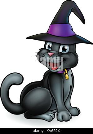 Schwarze Hexen Katze Cartoon Charakter in Hat Stock Vektor