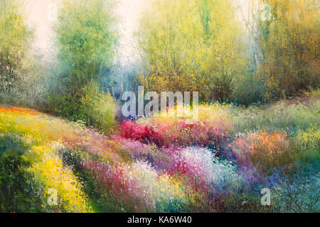 Öl Leinwand Malerei: Frühlingswiese mit bunten Blumen und Bäume Stockfoto