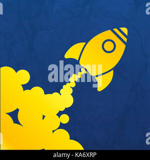 Gelbe Rakete Symbol mit Wolken an einem blauen zerknitterte Hintergrund - Vector Illustration Stockfoto