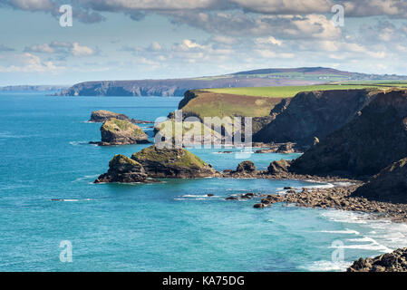 Inseln vor der Küste von North Cornwall. Kran Inseln im Vordergrund und Queller Insel im Hintergrund. Stockfoto