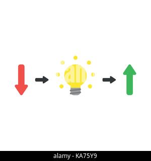 Vector Illustration Konzept der roten, nach unten gerichteten Pfeil mit leuchtenden Gelb Glühbirne symbolisiert die Idee zur Lösung und grünen Pfeil nach oben Ic Stock Vektor