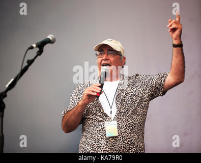 Lokale Boy, Danny Baker Einführung in den Abend auf der großen Bühne fungiert, am zweiten Tag der 2017 OnBlackheath Music Festival Stockfoto