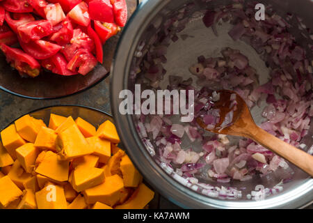 Kürbis, Tomaten und roten Zwiebeln close-up horizontal Stockfoto