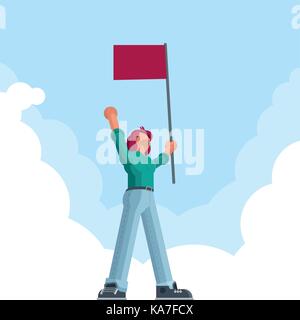 Erfolgreiche Mann stand und halten eine rote Flagge und sein Sieg feiern. Vektor Konzept Abbildung. Stock Vektor