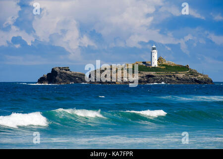 Godrevy Godrevy Leuchtturm auf der Insel, in der Nähe von gwithian, die Bucht von St Ives, Cornwall, England, Großbritannien Stockfoto