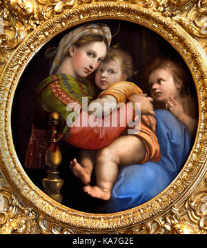 Die Madonna della seggiola oder Madonna della sedia ist eine Madonna Malerei 1513-1514 Raffaello Sanzio da Urbino 1483 - 1520 Raphael war ein italienischer Maler und Architekt der Renaissance. Stockfoto