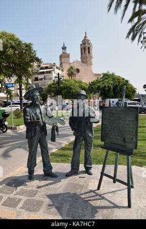 Katalonien, Spanien Sep 2017. Sitges. Santiago rusinol und Ramon Casas Statuen Stockfoto