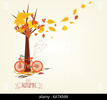 Hallo Herbst. Hand tintage Fahrrad mit Blätter im Herbst gezogen Stock Vektor