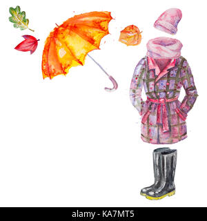 Satz von Hand gezeichnet Aquarell herbst Bekleidung und Accessoires, Mantel, Regenschirm, gumboots, Schal, Hut mit Blätter, isoliert auf das weiße Quadrat backgroun Stockfoto