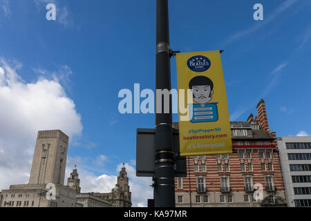 Die Beatles Story Werbemittel, Banner, Liverpool, Merseyside, UK Stockfoto