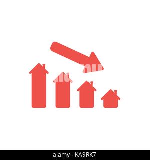 Flaches Design Stil Vector Illustration Konzept der Roten Haus Verkauf oder Wert Bar Chart Symbol das Symbol mit dem Pfeil nach unten bewegt auf weißem Hintergrund. Stock Vektor