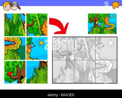 Cartoon Illustration der Pädagogischen Puzzle Aktivität Spiel für Kinder mit Caterpillar Charakter Stock Vektor
