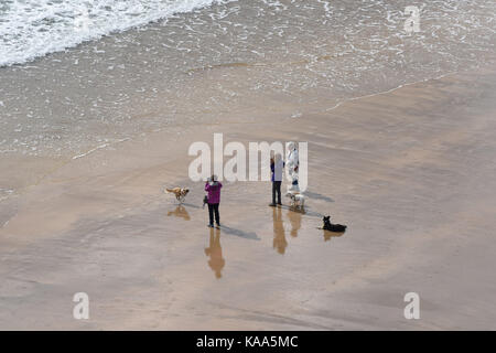 Leute, die Hunde auf der Broad Haven South Beach in der Nähe des Dorfes Bosherston entfernt Stockfoto