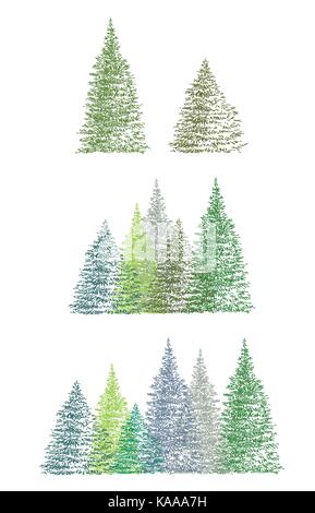 Set aus bunten Handzeichnung Weihnachtsbaum (Einzel und Gruppe) Vector Illustration auf weißem Hintergrund Stock Vektor