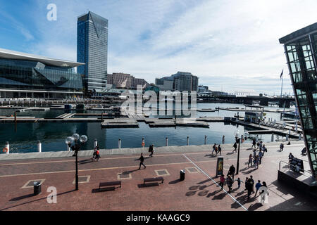 Das International Convention Centre (ICC Sydney Sydney) Eröffnet 2016 und das Harbourside Shopping Centre am Ufer des Spannte Bay neben dem Darling Stockfoto