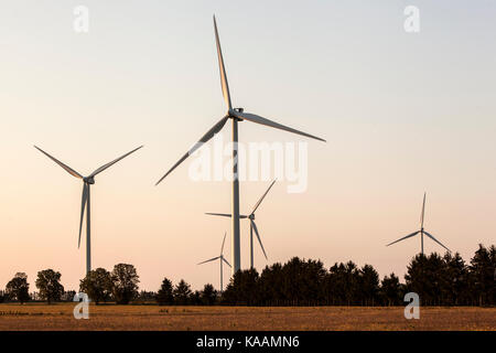 Windenergieanlagen in einem Windpark für Bewässerung und alternative Energieerzeugung. Stockfoto