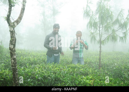 Zwei Mann draußen lächelt Kamera mit Wald rauchen Hintergrund suchen. Stockfoto