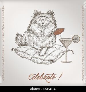 Romantische vintage Geburtstagskarte Vorlage mit Kalligraphie, Hund auf ein Kissen und ein Cocktail Glas Skizze. Stock Vektor