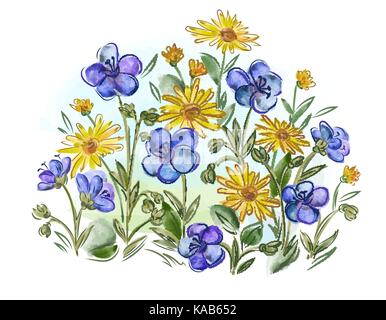 Aquarell blumen Veilchen und Stiefmütterchen und Blätter auf Wiese Stock Vektor