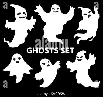 Geister scary, flacher Stil. Auf einem schwarzen Hintergrund. Halloween Konzept. Sammlung von toten Geister. Vector Illustration. Stock Vektor