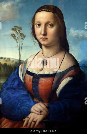 Porträt von Maddalena Doni 1506 Raffaello Santi, Raffaello de Urbino, Rafael Sanzio de Urbino, Raphael 1483 - 1520 der Palazzo Pitti - der Palazzo Pitti 1458 Renaissance Florenz, Italien, Stockfoto