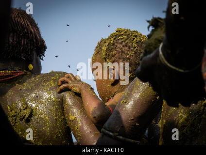 Kuh Opfer während Dassanech Stolz Ox Feier, Salheng, Turkana County, Omorate, Äthiopien Stockfoto