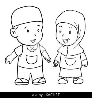 Hand Zeichnung der muslimischen Kinder auf weißem Hintergrund stehen. Junge und Mädchen Schüler stehend, Schwarz und Weiß eine einfache Linie vektor Illustration für Stock Vektor