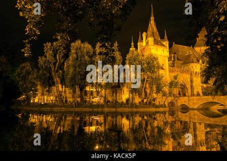 Die Burg von Vajdahunyad in einer Sommernacht in Budapest, Ungarn. Stockfoto